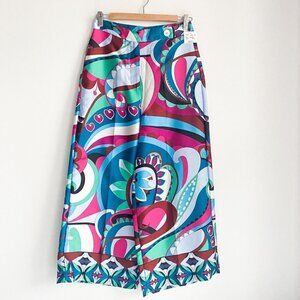 NWT Zara Colourful Psychedellic Print Wide Leg Cropped Satin  PAnts S
